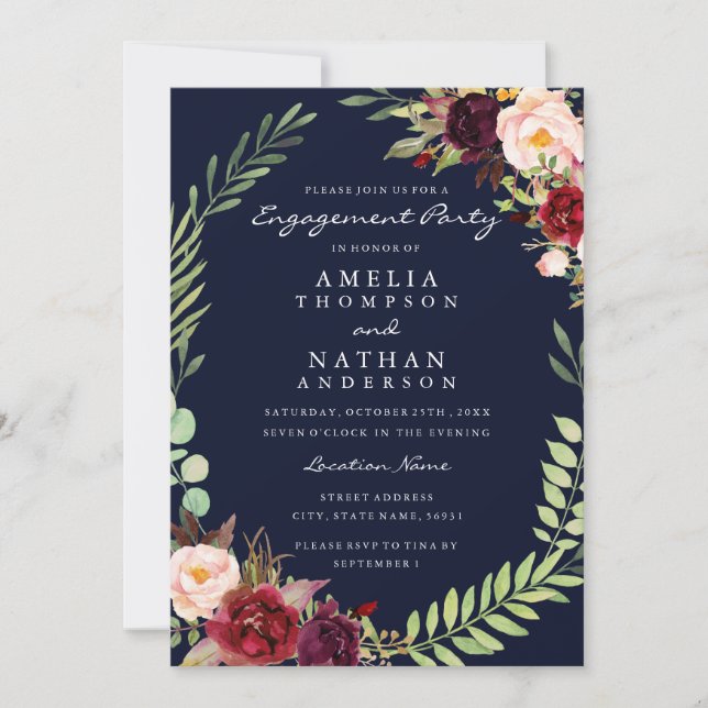 Burgundy Navy Floral Wreath Engagement Party Invitation (Front)