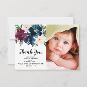Burgundy Navy Flowers Baby Shower Thank You Photo Card