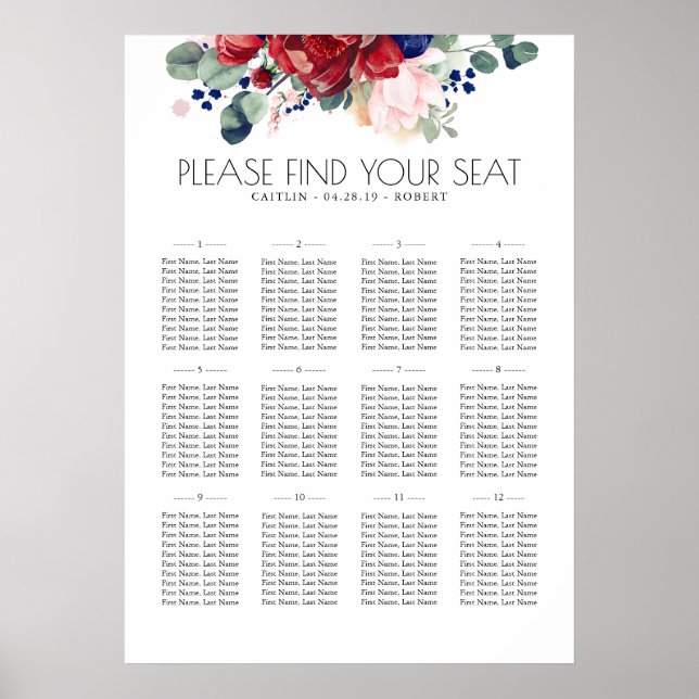 Burgundy Navy Flowers Boho Wedding Seating Chart (Front)