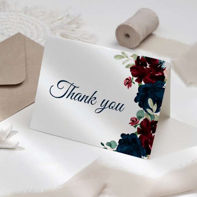 Burgundy & Navy Flowers Rustic Bridal Shower  Thank You Card (Creator Uploaded)