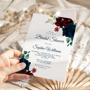 Burgundy & Navy Flowers Rustic Wood Bridal Shower Invitation