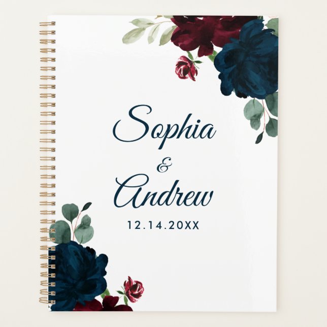 Burgundy & Navy Flowers Rustic Wood Wedding Planner (Front)