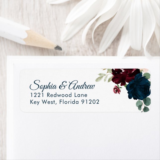 Burgundy & Navy Flowers Rustic Wood Wedding Return Address Label (Insitu)