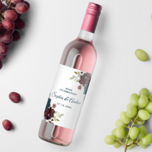 Burgundy & Navy Flowers Rustic Wood Wedding Wine Label