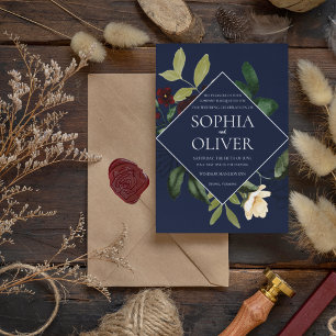 Burgundy Navy Geometric Floral Frame Wedding Invitation