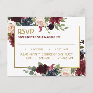 Burgundy Navy Gold Bouquet Wedding Response RSVP Postcard