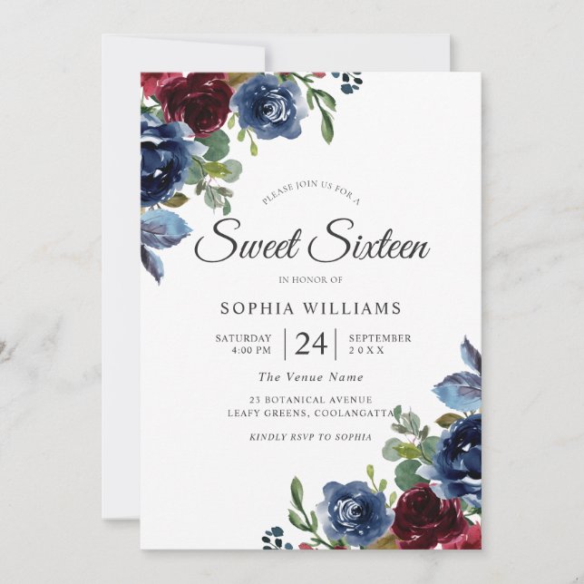 Burgundy & Navy Indigo Flowers Sweet 16 Invitation (Front)