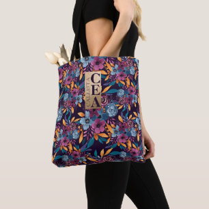 Burgundy Navy Mustard Watercolor Flowers Monogram Tote Bag