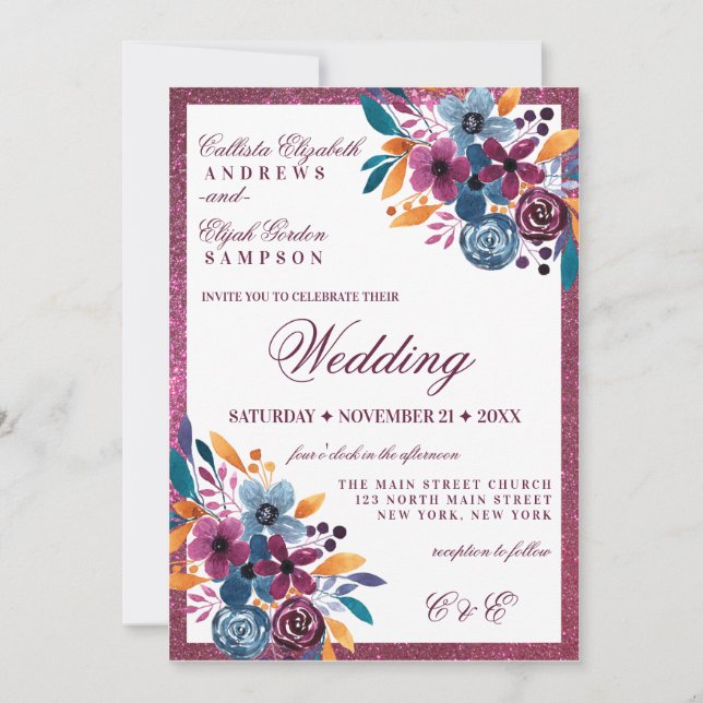 Burgundy Navy Mustard Watercolor Flowers Wedding Invitation (Front)