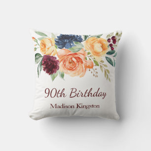 Burgundy Navy Peach Floral 90th Birthday Party Cushion