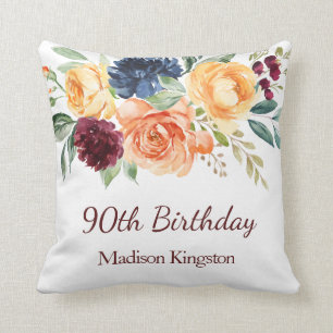 Burgundy Navy Peach Floral 90th Birthday Party Cushion