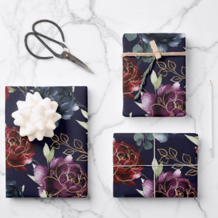 Burgundy Navy Peony Floral Gold Shimmer Wrapping Paper Sheet