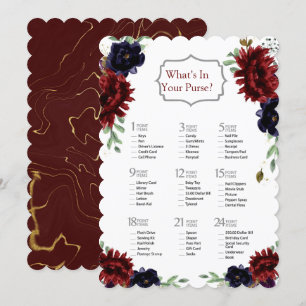 Burgundy Navy Peony Gold Bridal Shower Game Invitation