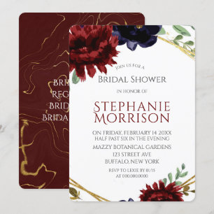 Burgundy Navy Peony Gold Bridal Shower Invitation