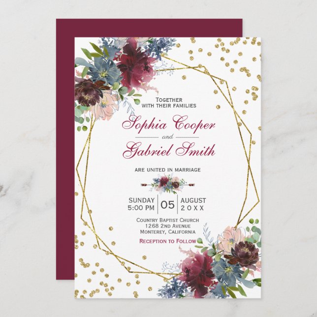 Burgundy Navy Pink Floral | Gold Frame Wedding Invitation (Front/Back)