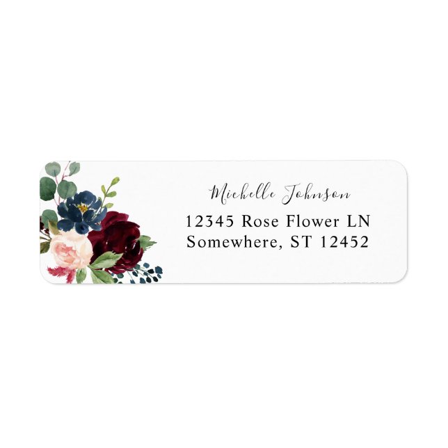 Burgundy & Navy, Pink Floral Return Address Label (Front)