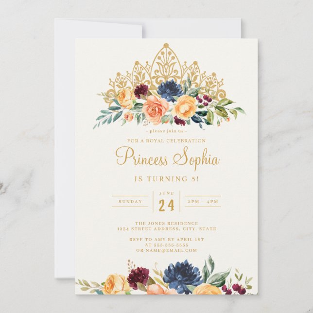 Burgundy Navy Princess Floral Tiara Birthday Invitation (Front)