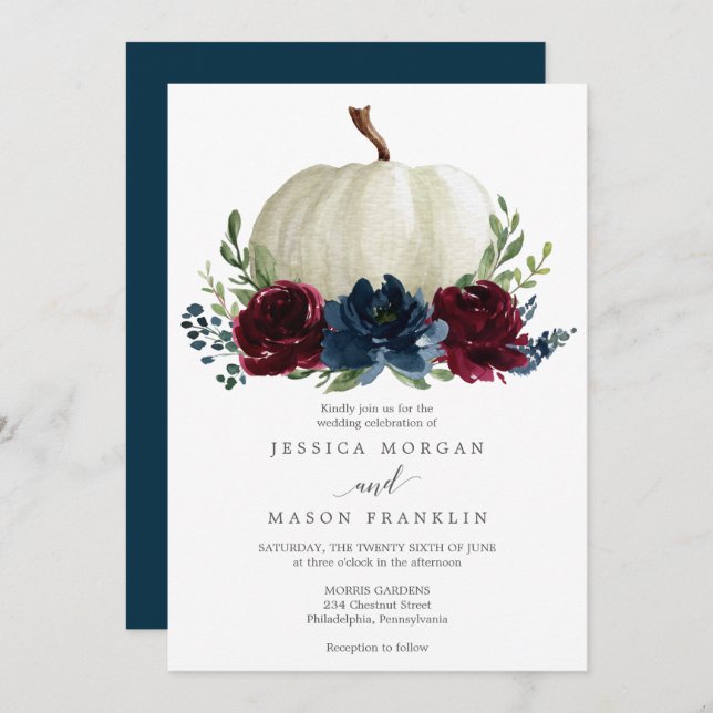 Burgundy Navy Pumpkin Fall Floral Wedding Invitation (Front/Back)