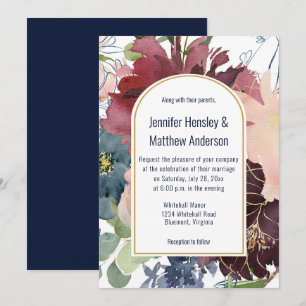 Burgundy, Navy, Rose, and Gold Floral Wedding Invitation