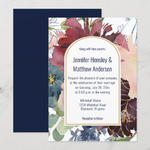 Burgundy, Navy, Rose, and Gold Floral Wedding   Invitation