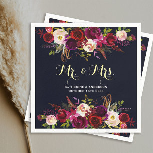 Burgundy Navy Rustic Floral Mr and Mrs Wedding Napkin