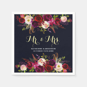Burgundy Navy Rustic Floral Mr and Mrs Wedding Napkin