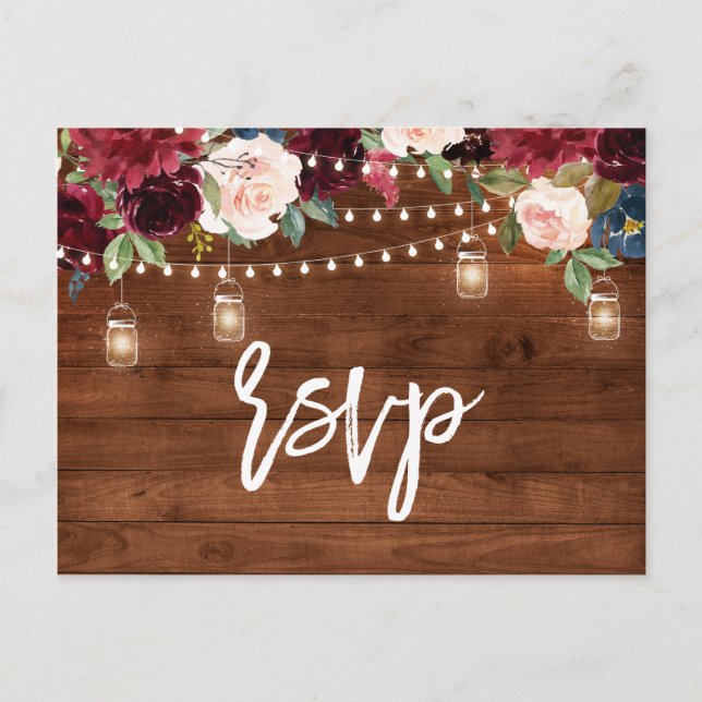 Burgundy Navy String Light mason jar RSVP Postcard (Front)
