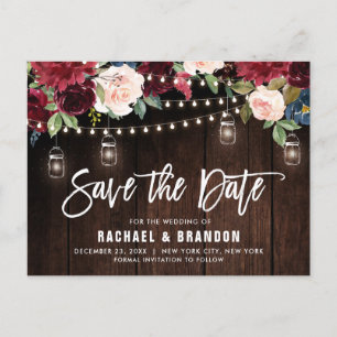 Burgundy Navy String Light mason jar Save the Date Postcard