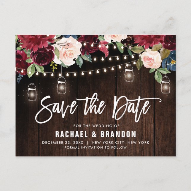 Burgundy Navy String Light mason jar Save the Date Postcard (Front)