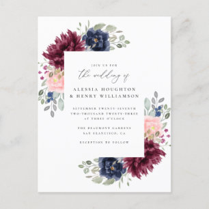 Burgundy & Navy Watercolor Floral Corners Wedding Invitation Postcard