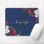 Burgundy Navy Watercolor Floral Name Monogrammed M Mouse Pad<br><div class="desc">Burgundy navy watercolor botanical peony rose floral personalised monogrammed Mouse Pad. Burgundy, marsala, white watercolor peony roses, botanical floral design with dark green leaves and berries on dark navy blue background. Feature an elegant swirly handwritten typography design with your custom name, monogram and pretty burgundy, white peony roses arrangement. Perfect...</div>