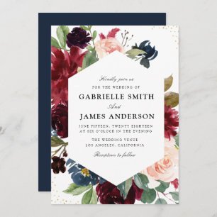 Burgundy & navy watercolor floral wedding invitation