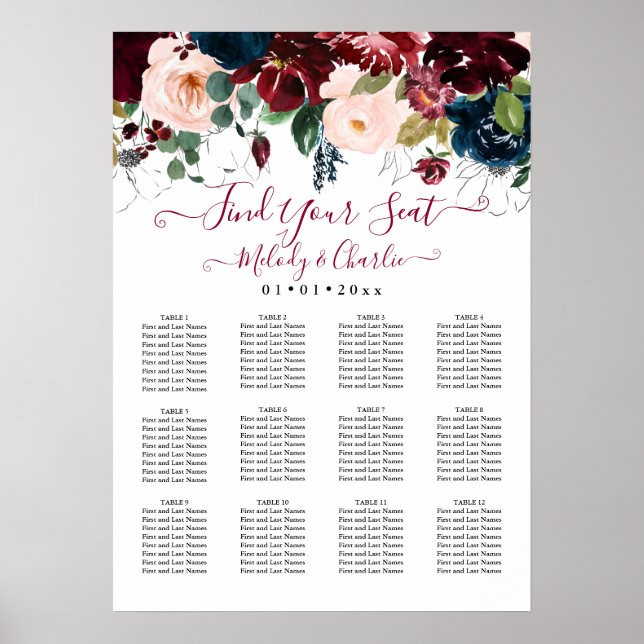 BURGUNDY NAVY WATERCOLOR FLOWERS SEATING CHART (Front)
