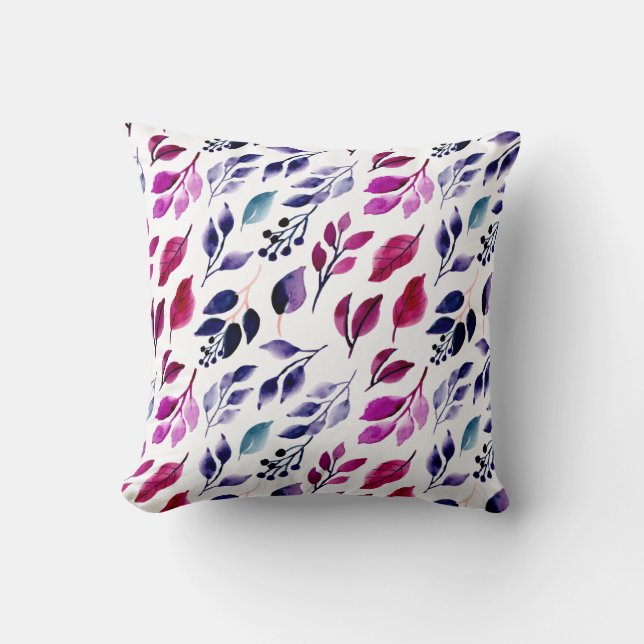 Burgundy, Navy Watercolor Leaves & Berries Pillow (Front)