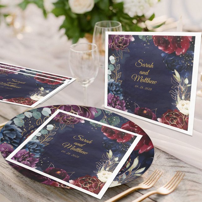 Burgundy Navy Wedding 8" Square Dinner Napkins (Creator Uploaded)