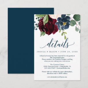 Burgundy Navy Wedding Details Card