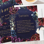 Burgundy Navy Wedding Details Enclosure<br><div class="desc">Use this sheet in your invitation suite to offer information on directions, or accommodations or offer a wish or an ask. The back is blank so you can upload an image or a map. An assembly of deep burgundy red and purple flowers adorned with shimmering gold outlines against a dark...</div>