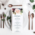 Burgundy Navy Wedding Menu and Thank You Card<br><div class="desc">Double sided Menu and Thank You Cards! Use just as a menu by deleting items from the back. Or easily edit the menu and thank you place card! This design features a lovely script font and beautiful bouquet of burgundy florals. See the entire collection for more matching items!</div>