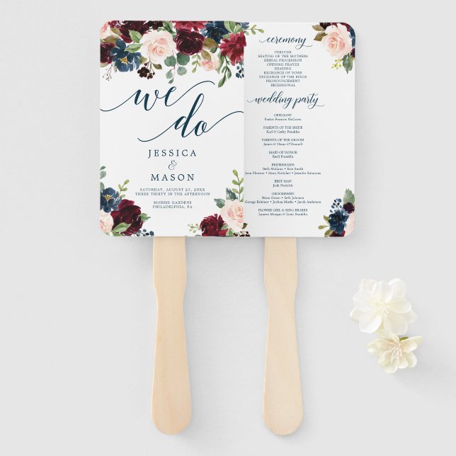 Burgundy Navy Wedding Program Fan (Front and Back)