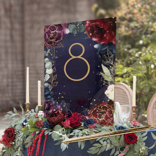 Burgundy Navy Wedding Table Number Card