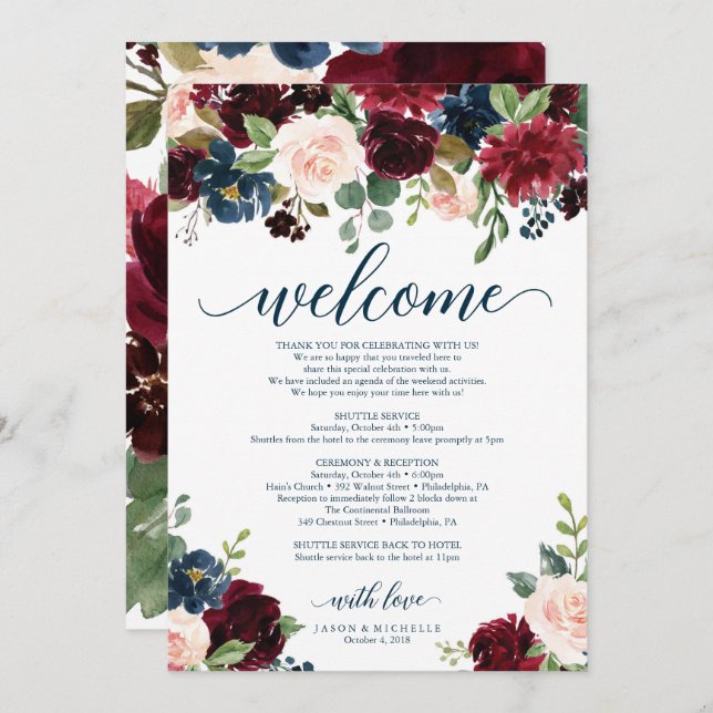 Burgundy Navy Wedding Welcome Itinerary Invitation (Front/Back)