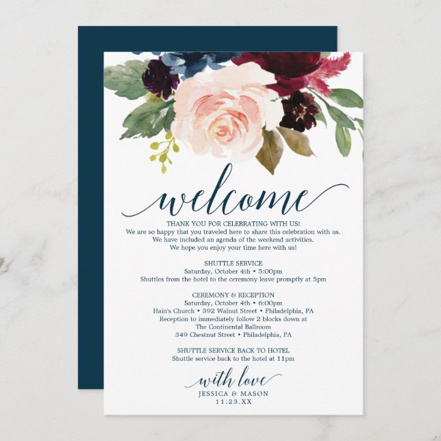 Burgundy Navy Wedding Welcome Itinerary Invitation (Front/Back)