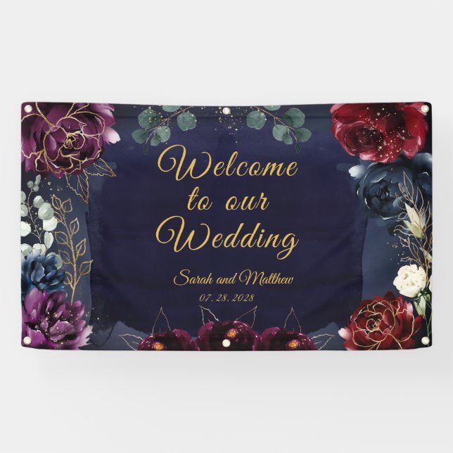 Burgundy Navy Welcome To Our Wedding 3x5' Banner (Horizontal)
