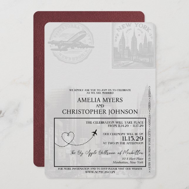 Burgundy New York City Passport Wedding Invitation (Front/Back)