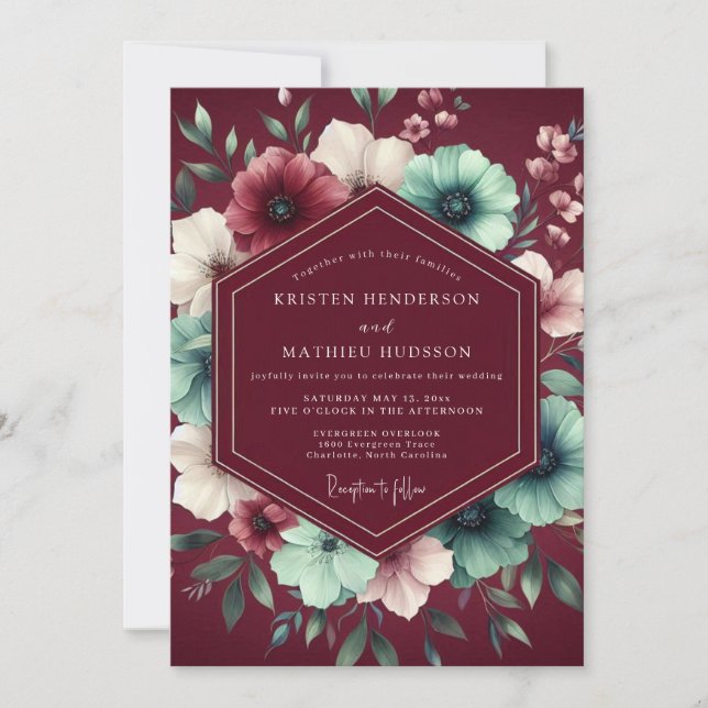 Burgundy Nocturne Botanical Wedding Invitation (Front)