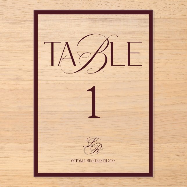 Burgundy Old Money Wedding Table Number (Front)