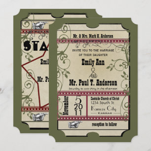 Burgundy & Olive Funky Textured Playbill Weddings Invitation