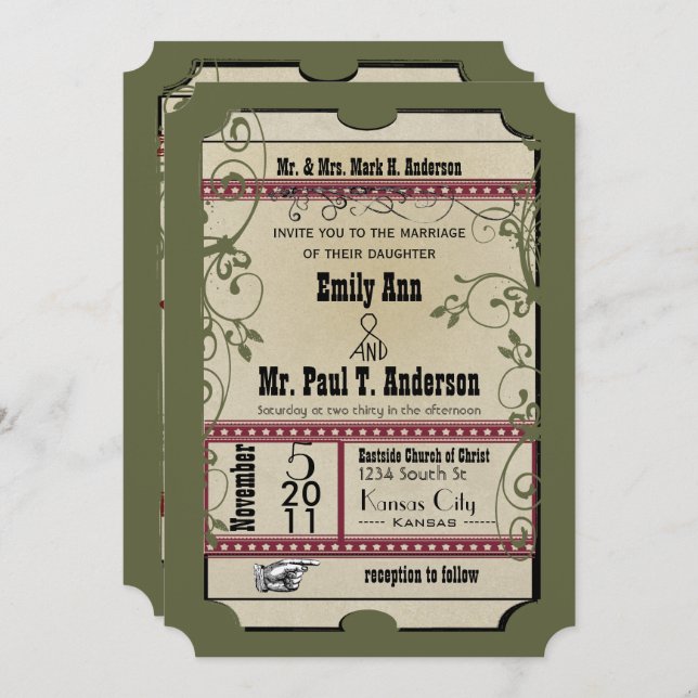 Burgundy & Olive Funky Textured Playbill Weddings Invitation (Front/Back)