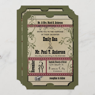 Burgundy & Olive Funky Textured Playbill Weddings Invitation