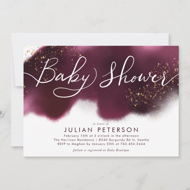 Burgundy Ombre Baby Shower Gold Glitter Typography Invitation (Front)